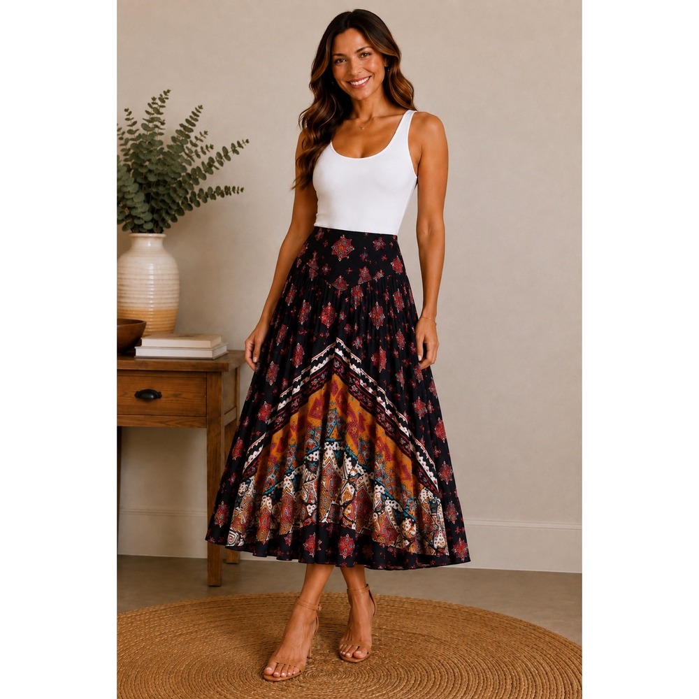 VTG Componix Women 8 Maxi Skirt Geometric Tribal High Yoke Waist Boho Artsy